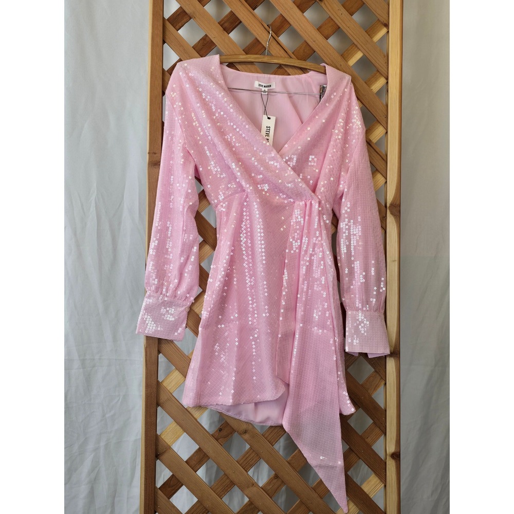 Steve Madden Sequin‎ Wrap Mini Dress Womens 6 Pink Tulle Long Sleeve V-Neck -NEW